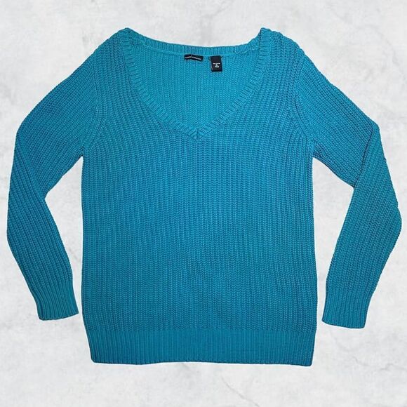 Moda International Teal Ribbed Chunky Knit V-Neck Long Sleeve Sweater - Picture 1 of 5